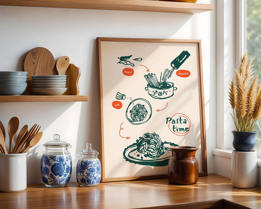 Pasta Time Poster — Illustrated Recipe Kitchen Art with Wooden Frame