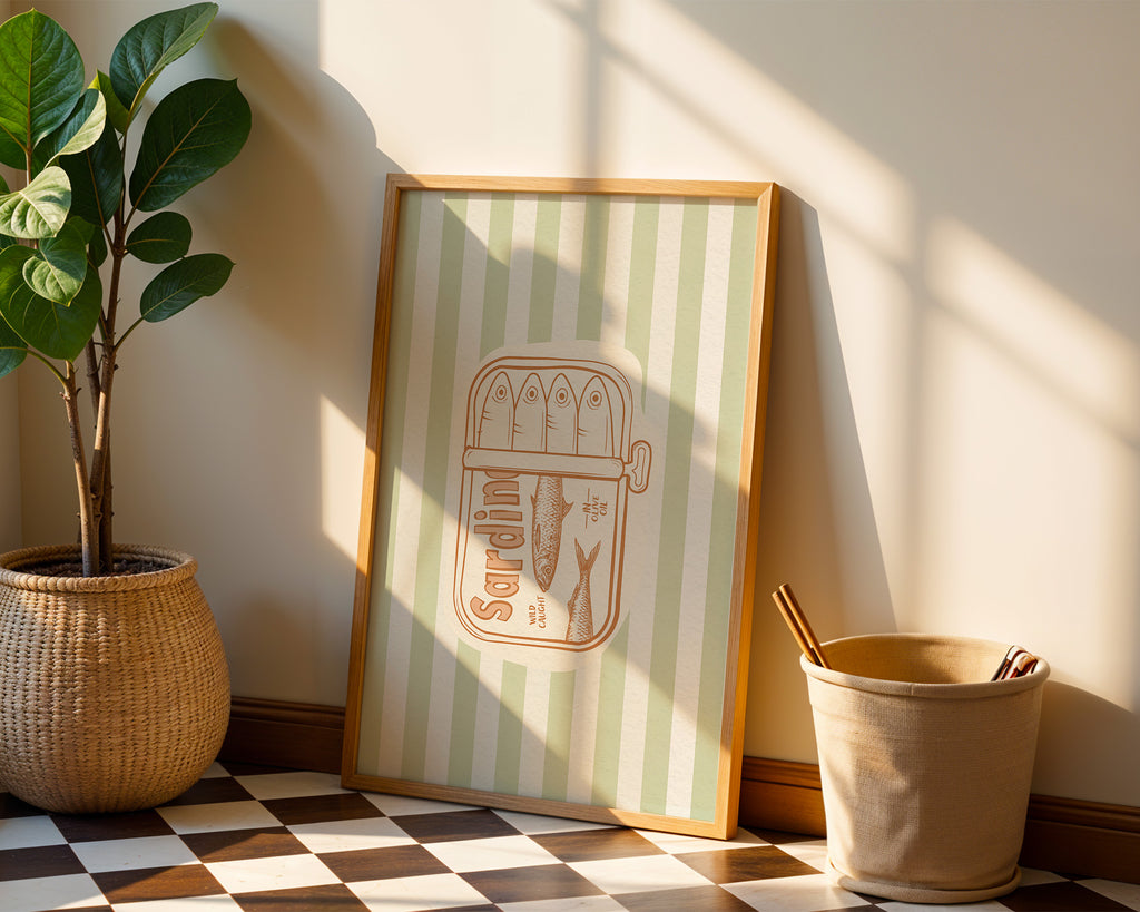 Sardine Tin Vintage Poster — Retro Seafood Kitchen Wall Art