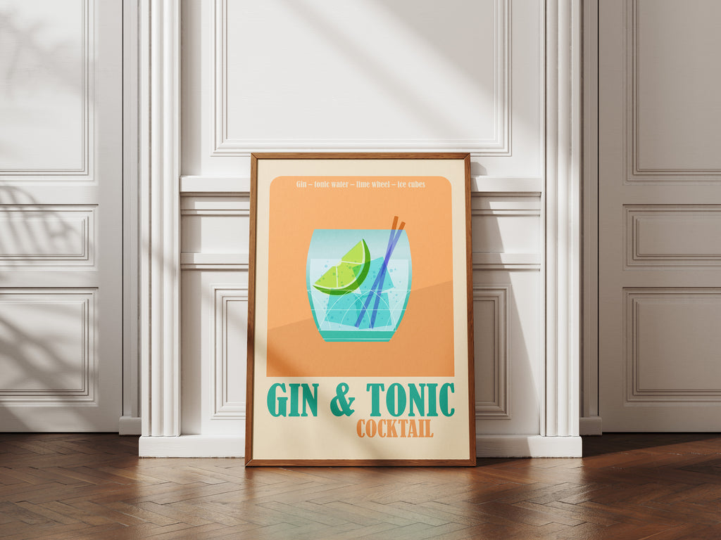 Gin & Tonic Cocktail Poster — Vintage Bar Art Print
