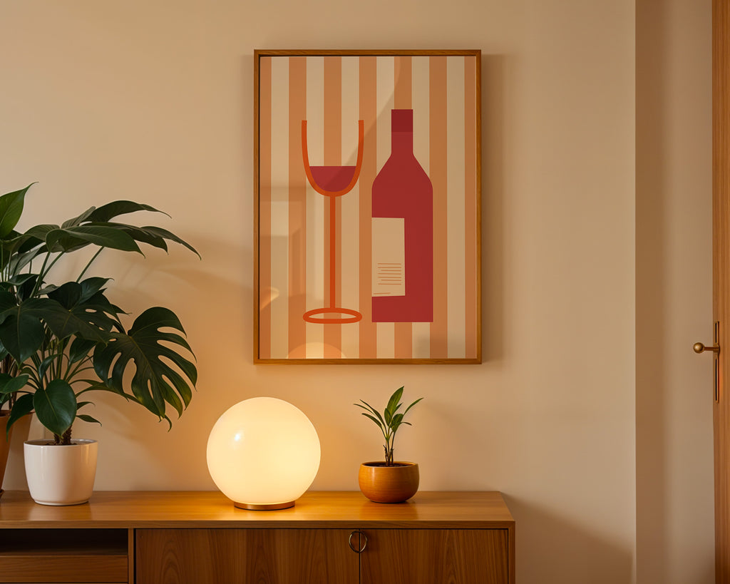 Wine Bottle & Glass Poster — Minimalist Retro Kitchen Wall Art