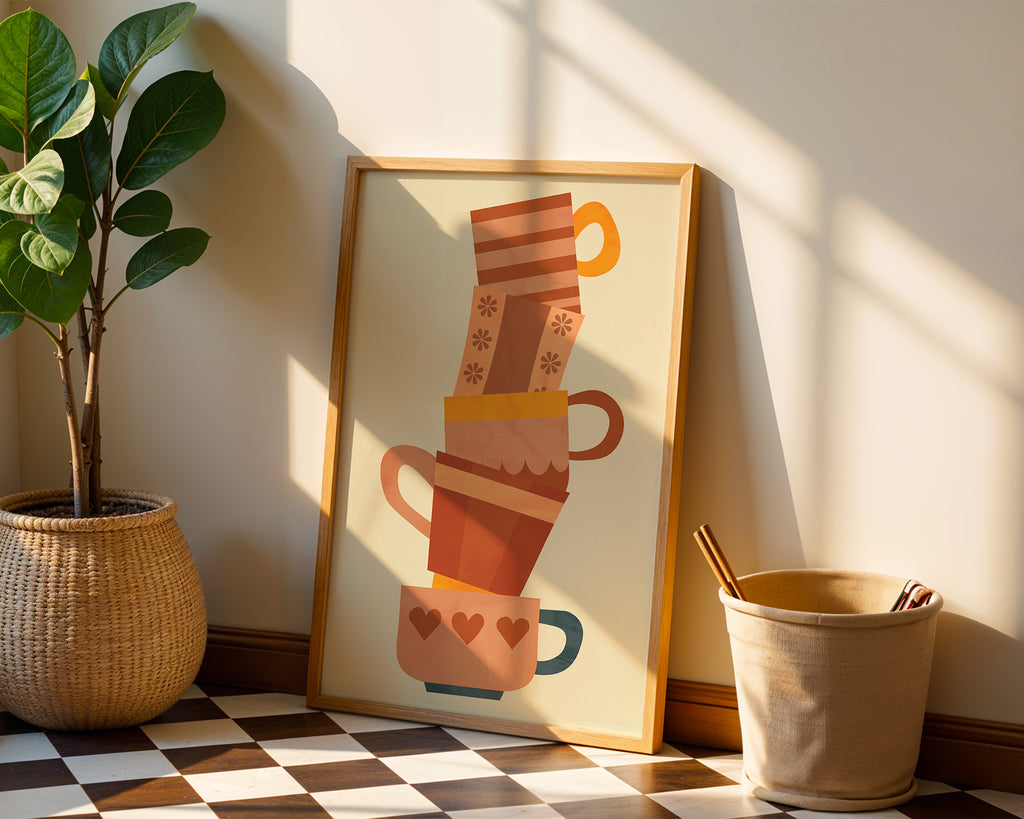 Stacked Coffee Cups Poster with Wooden Frame — Cozy Kitchen Wall Art