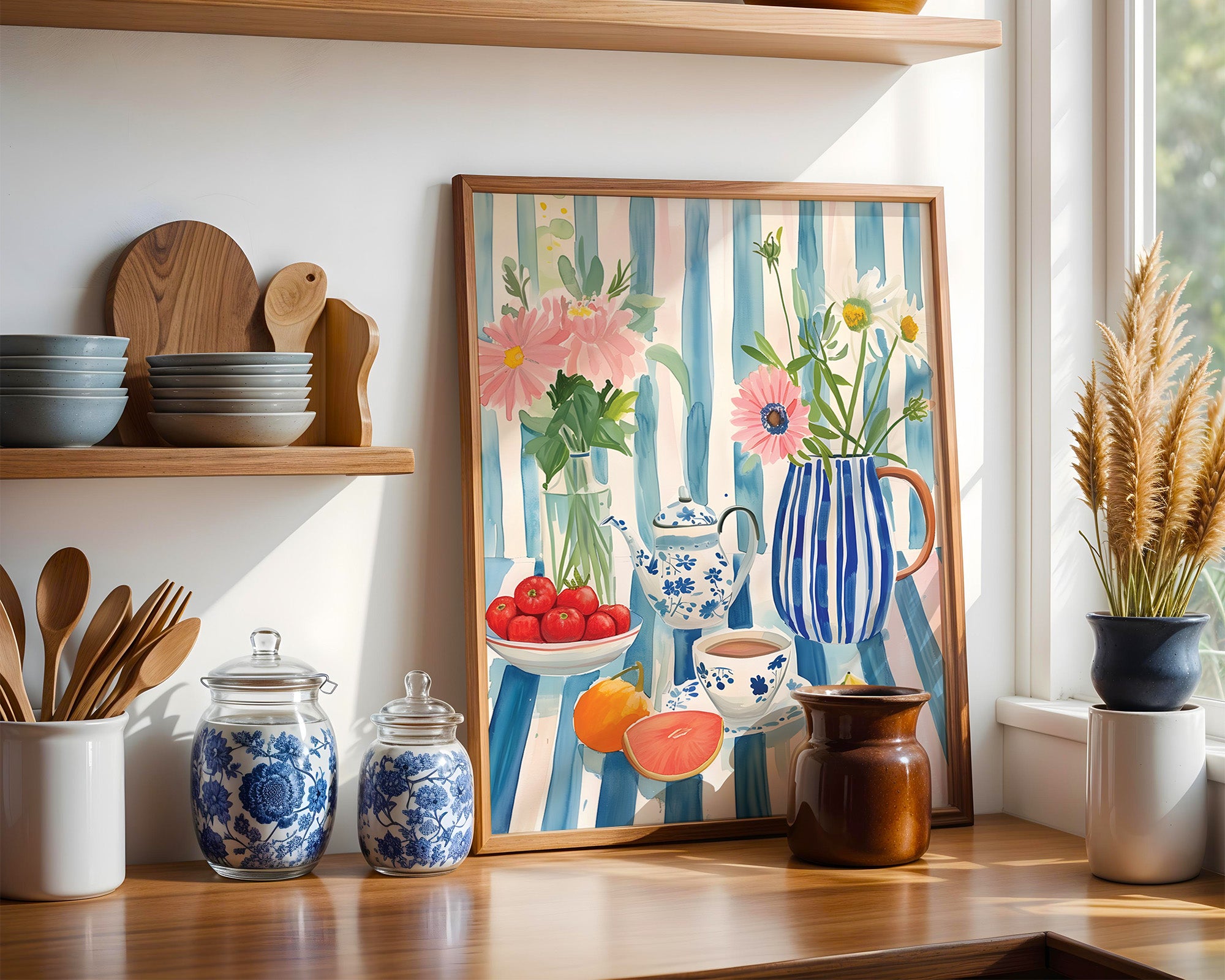 Still Life Floral Poster — Striped Blue Kitchen Art Print