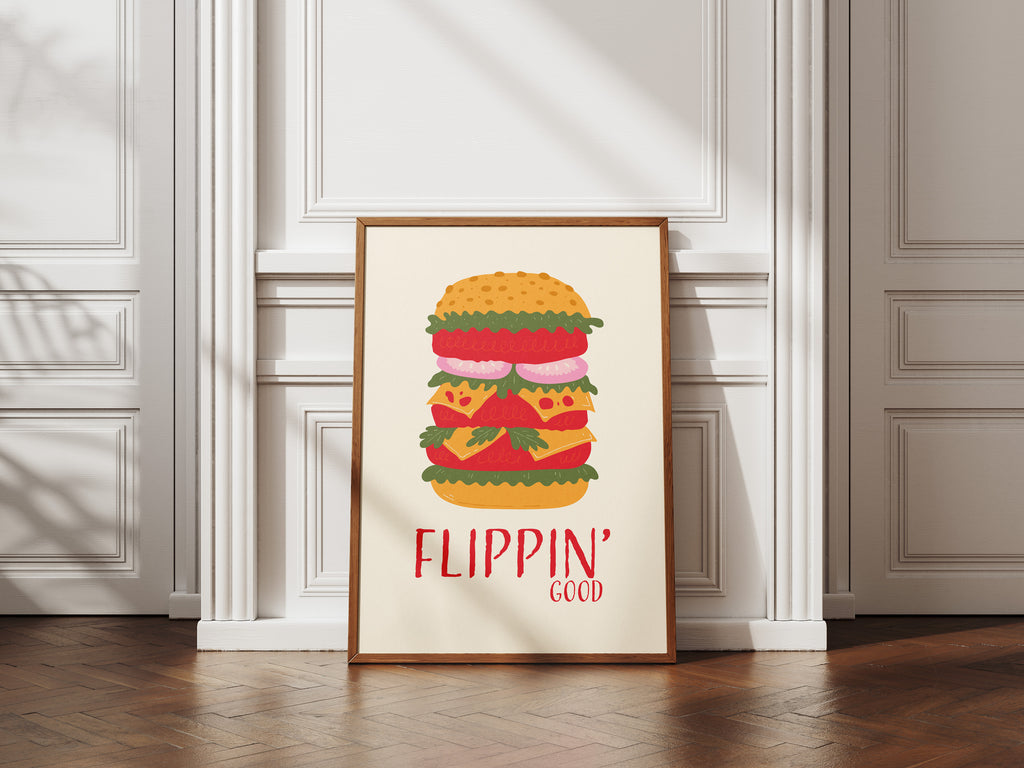 Flippin' Good Burger Poster — Retro Food Art Print for Kitchen or Cafe Decor