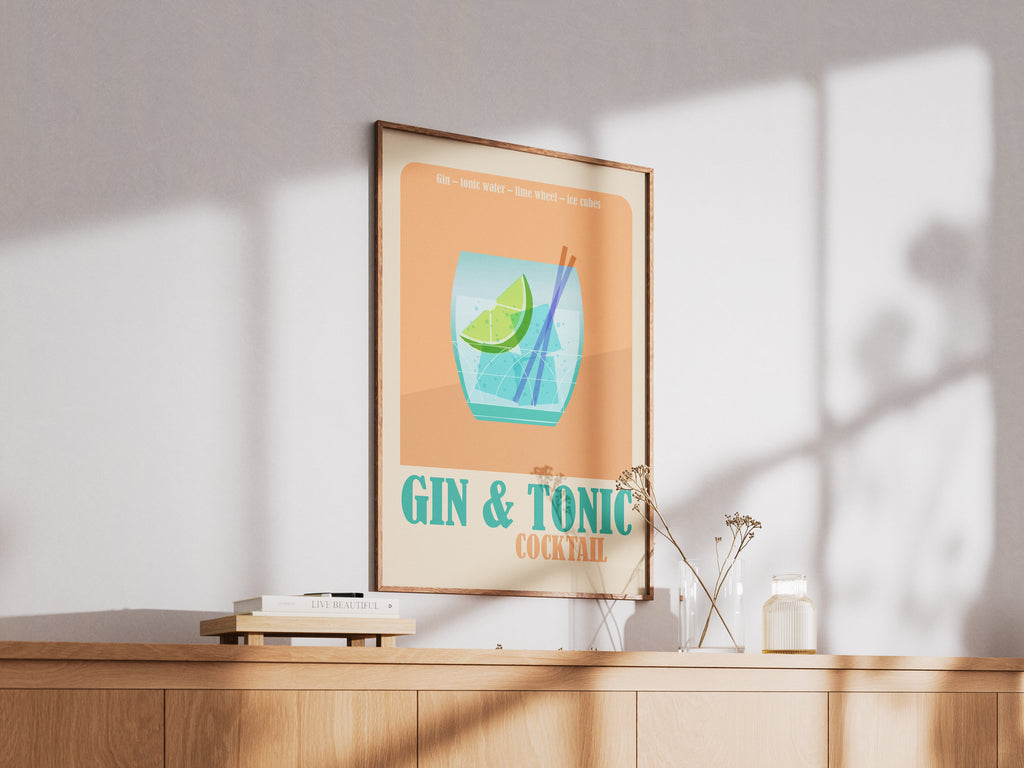 Gin & Tonic Cocktail Poster — Vintage Bar Art Print