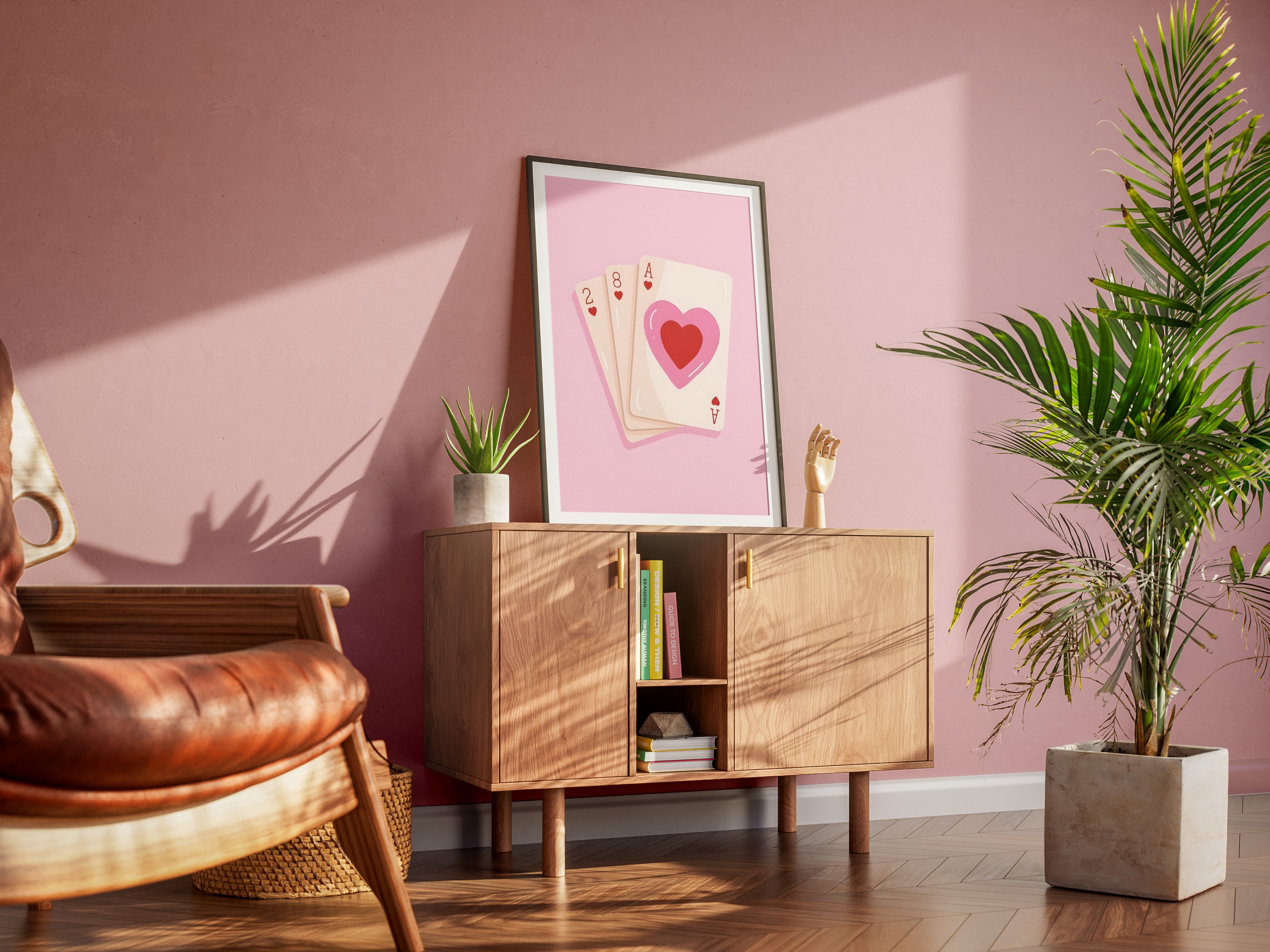 Pink Heart Playing Cards Poster — Cute Valentine Card Art Print