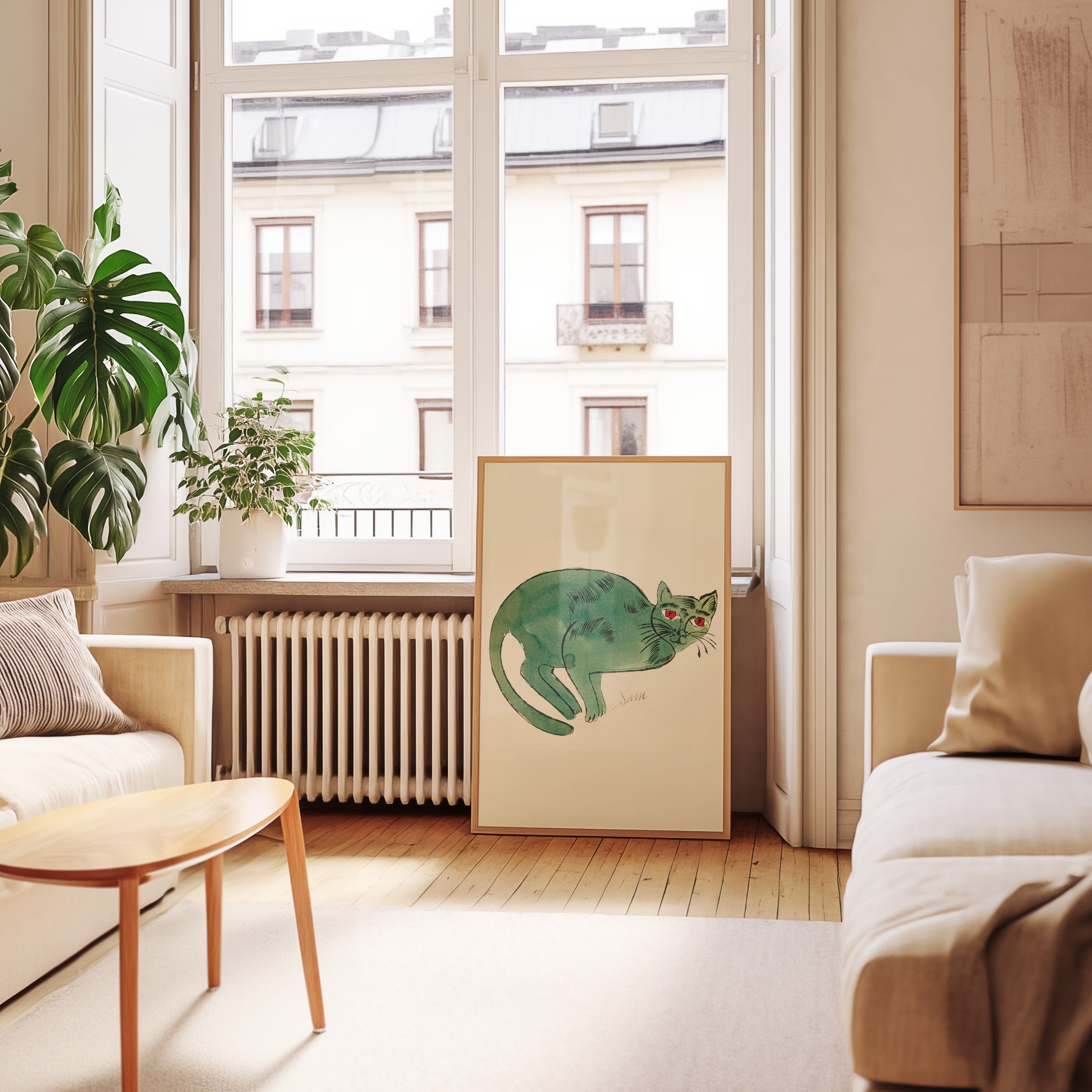 Green Watercolor Cat Poster — Playful Vintage-Style Wall Art