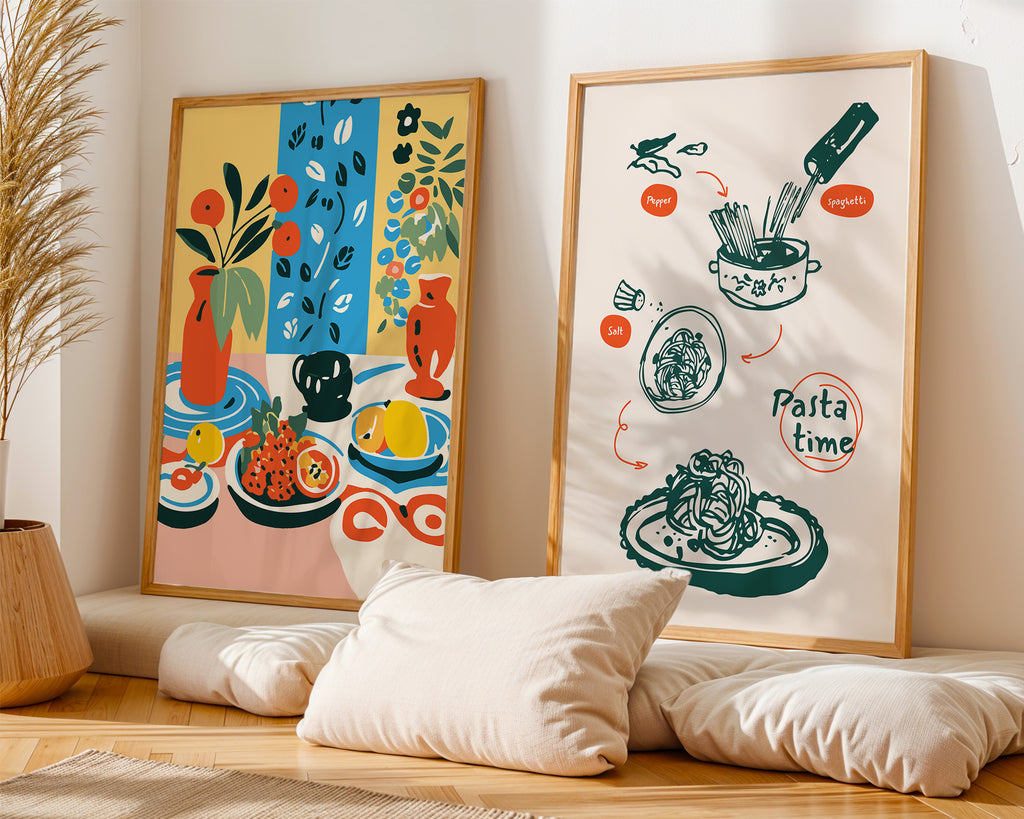 Pasta Time Poster — Illustrated Recipe Kitchen Art with Wooden Frame