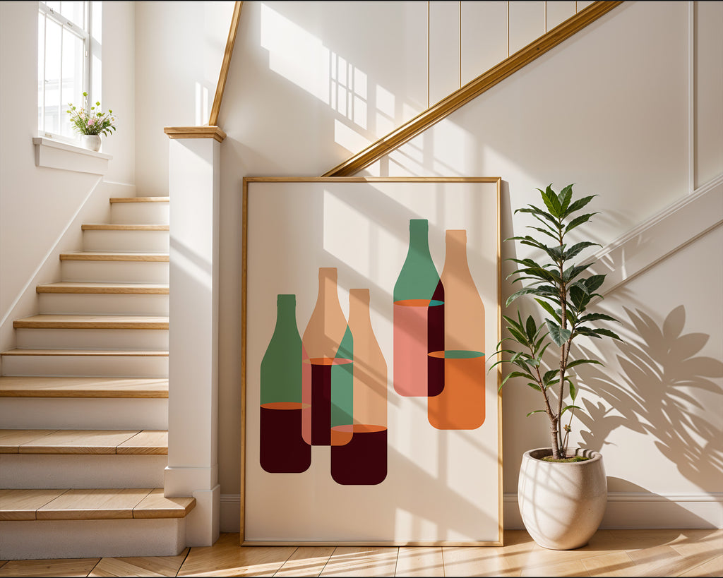 Minimalist Wine Bottle Poster — Midcentury Modern Kitchen Bar Art Print