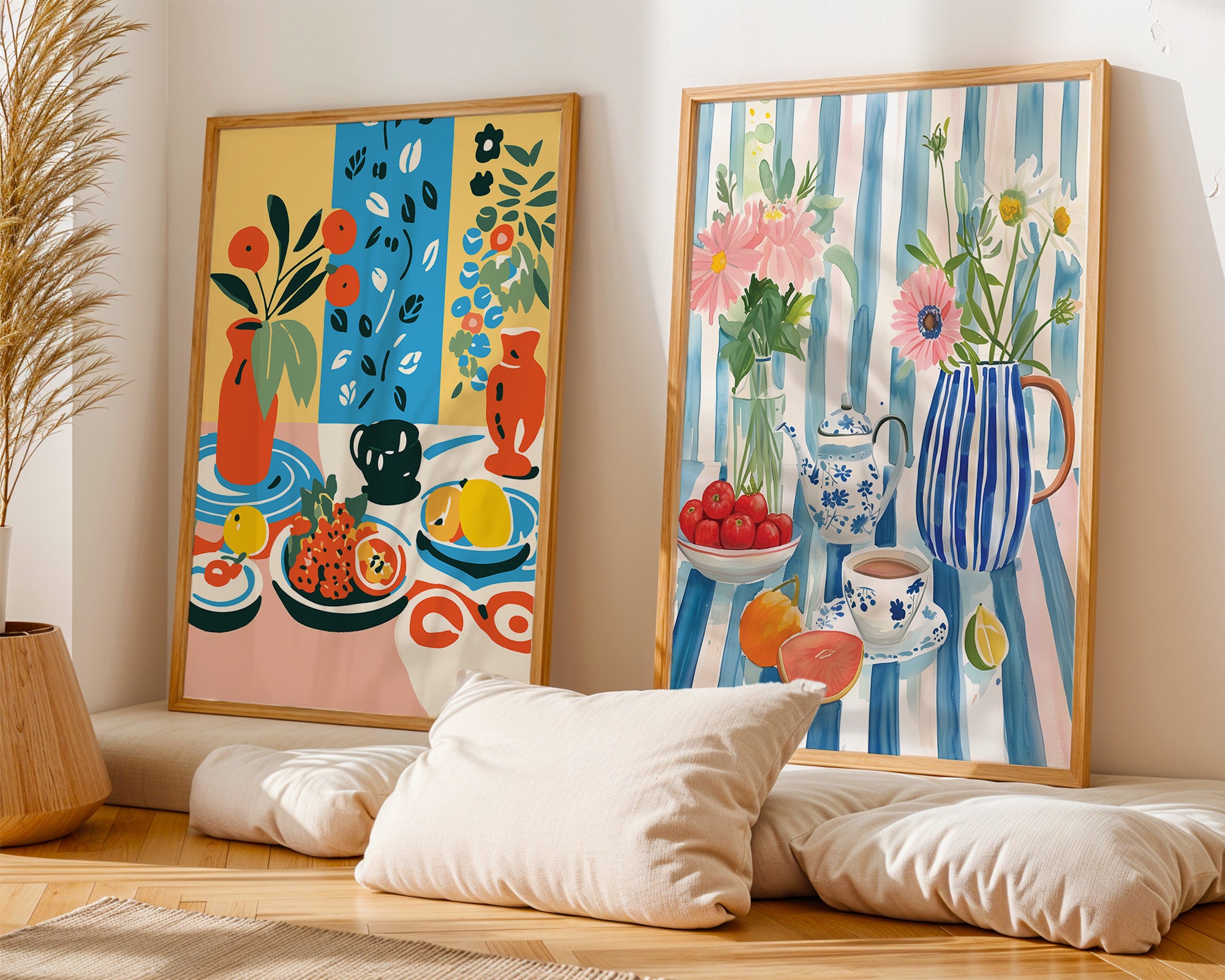 Still Life Floral Poster — Striped Blue Kitchen Art Print