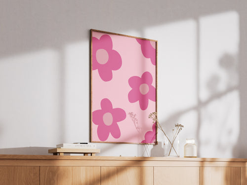 Roze retro bloemenposter — Opvallende bloemenmuurdecoratie