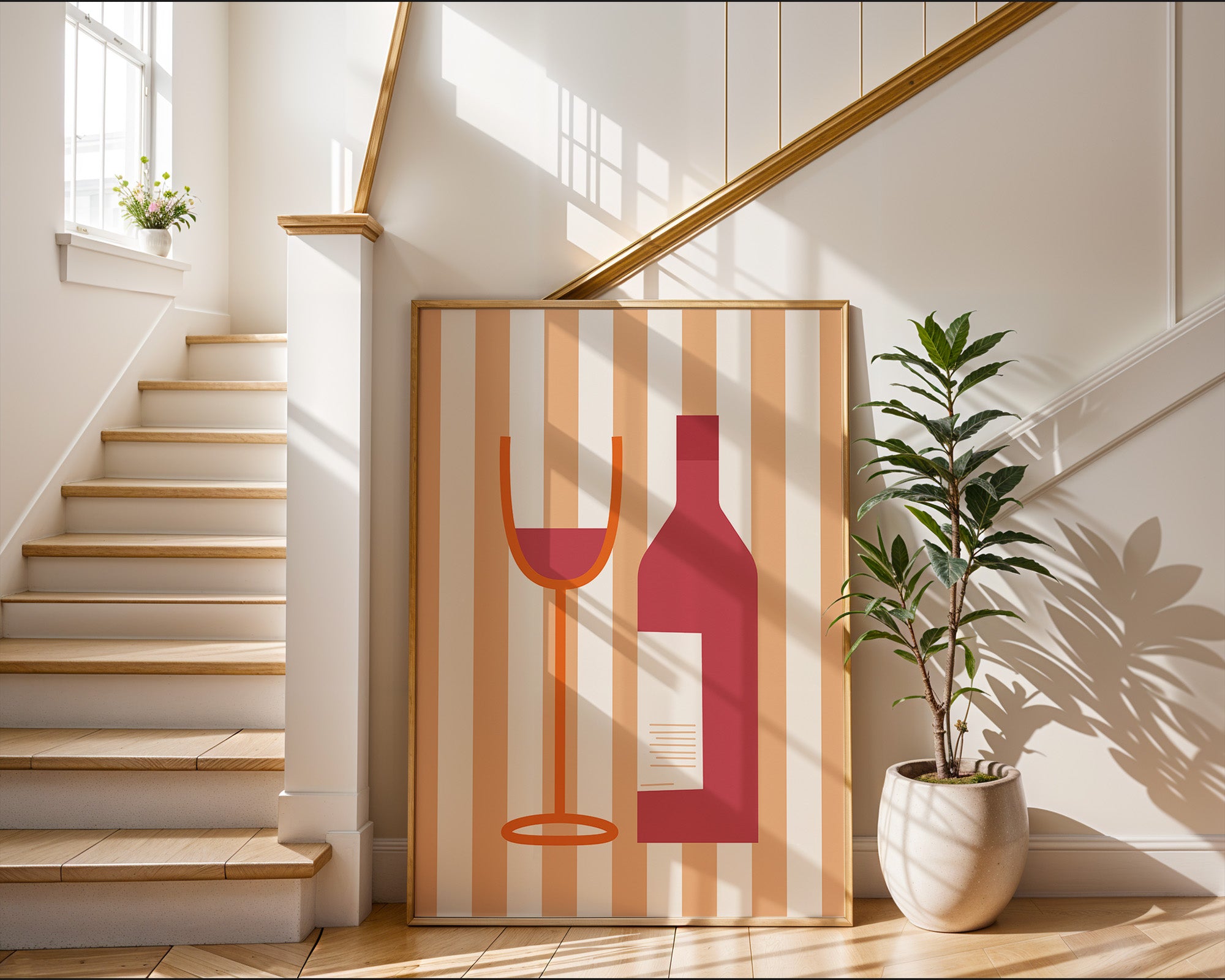 Wine Bottle & Glass Poster — Minimalist Retro Kitchen Wall Art