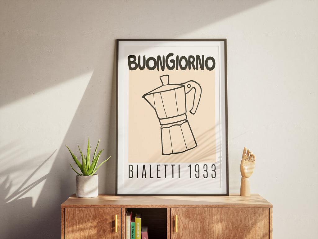 Buongiorno Bialetti 1933 Coffee Poster with Wooden Frame