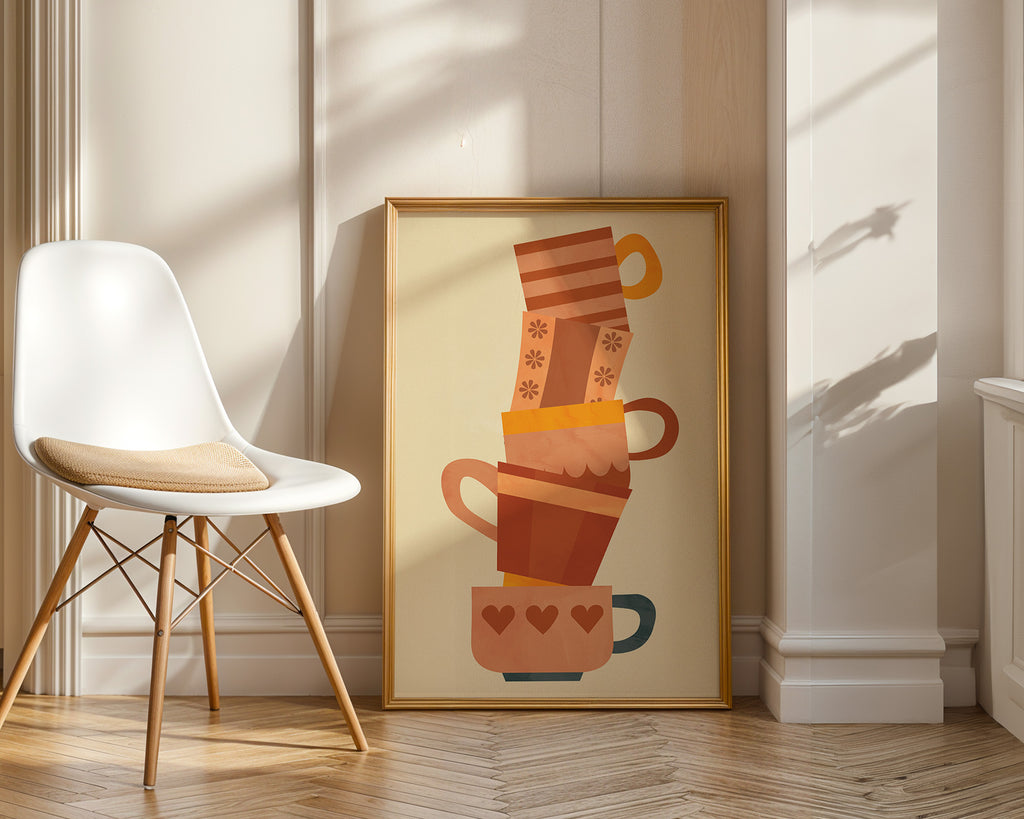 Stacked Coffee Cups Poster with Wooden Frame — Cozy Kitchen Wall Art