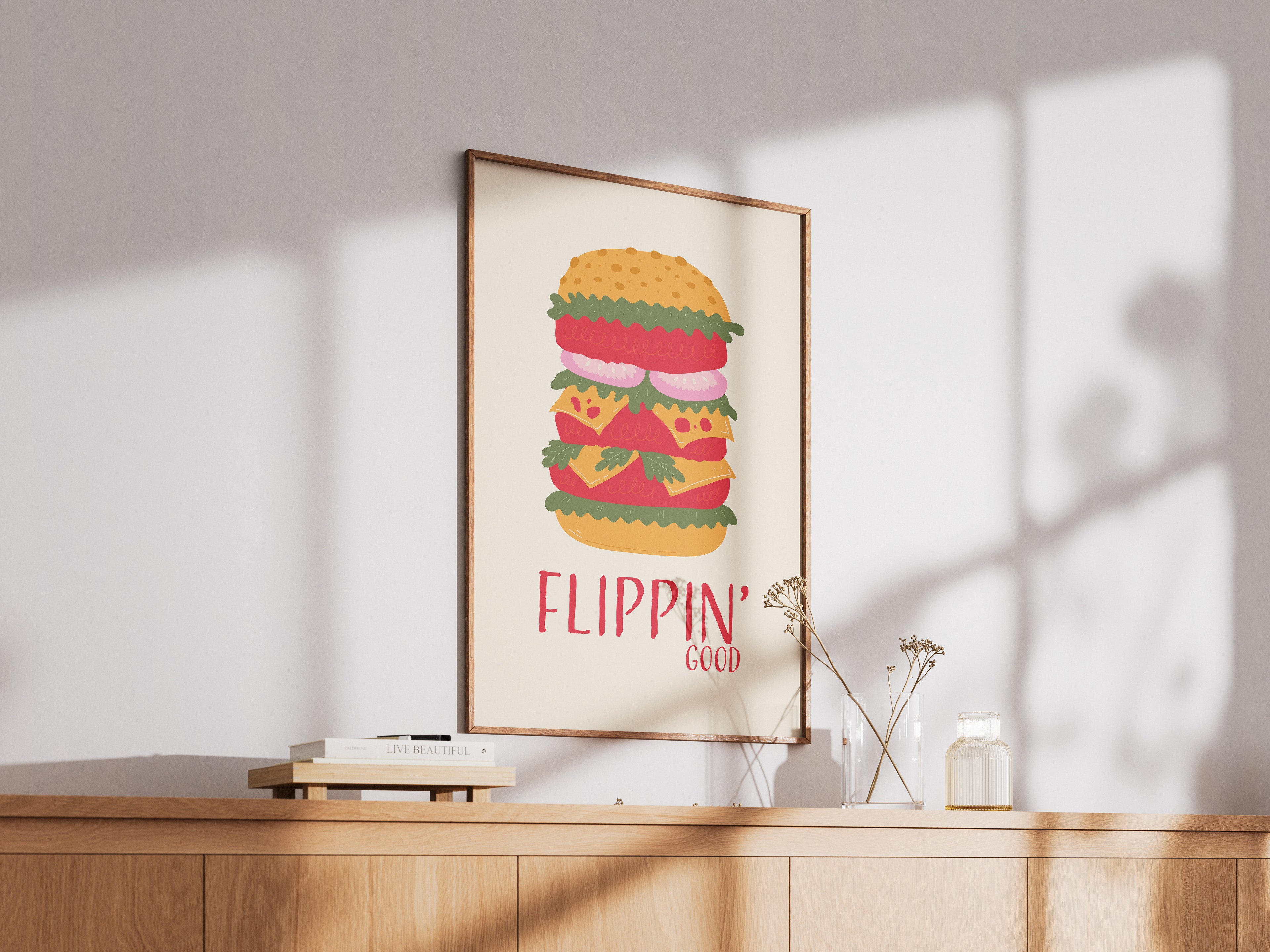 Flippin' Good Burger Poster — Retro Food Art Print for Kitchen or Cafe Decor
