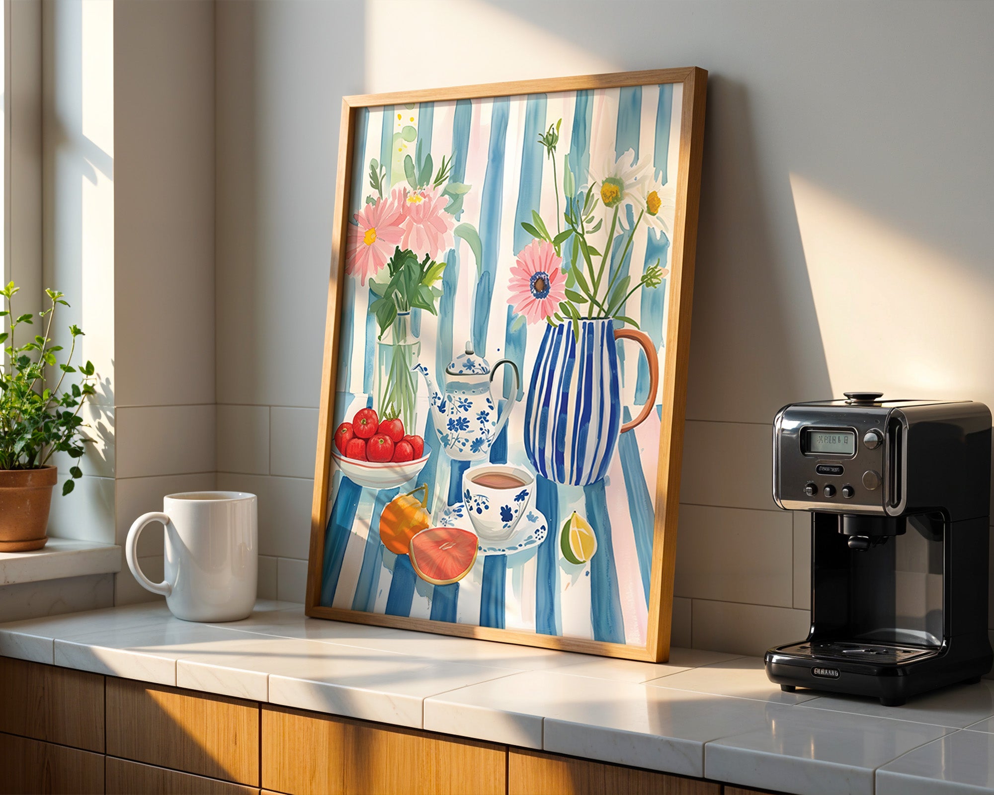 Still Life Floral Poster — Striped Blue Kitchen Art Print