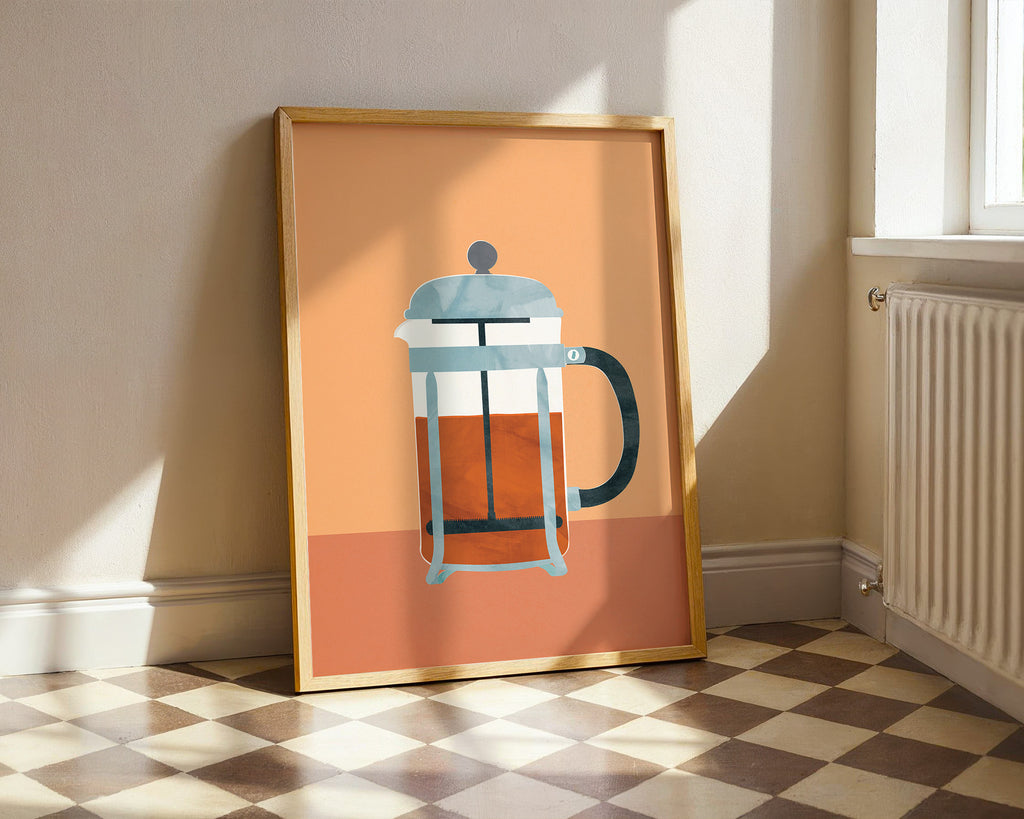 French Press Coffee Poster with Wooden Frame — Modern Kitchen Wall Art