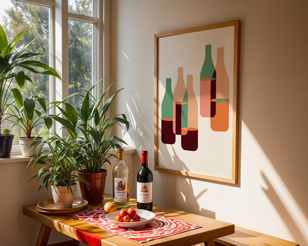 Minimalist Wine Bottle Poster — Midcentury Modern Kitchen Bar Art Print
