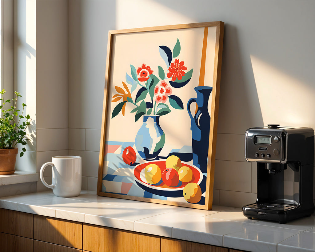 Still Life Floral Poster — Colorful Vase & Fruit Wall Art