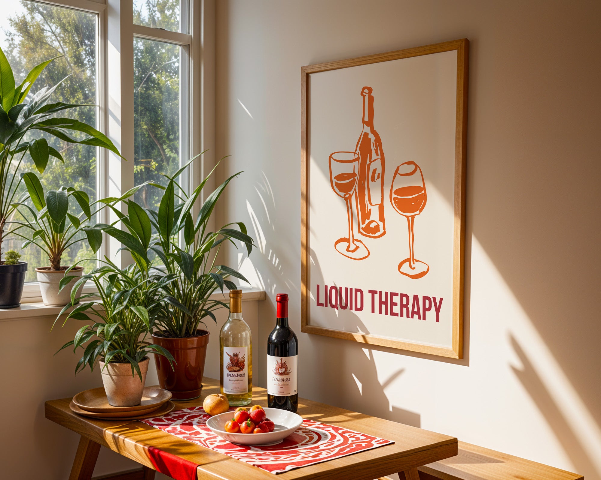Liquid Therapy Poster — Wine Bottle & Glasses Wall Art for Kitchen, Bar, or Dining Room