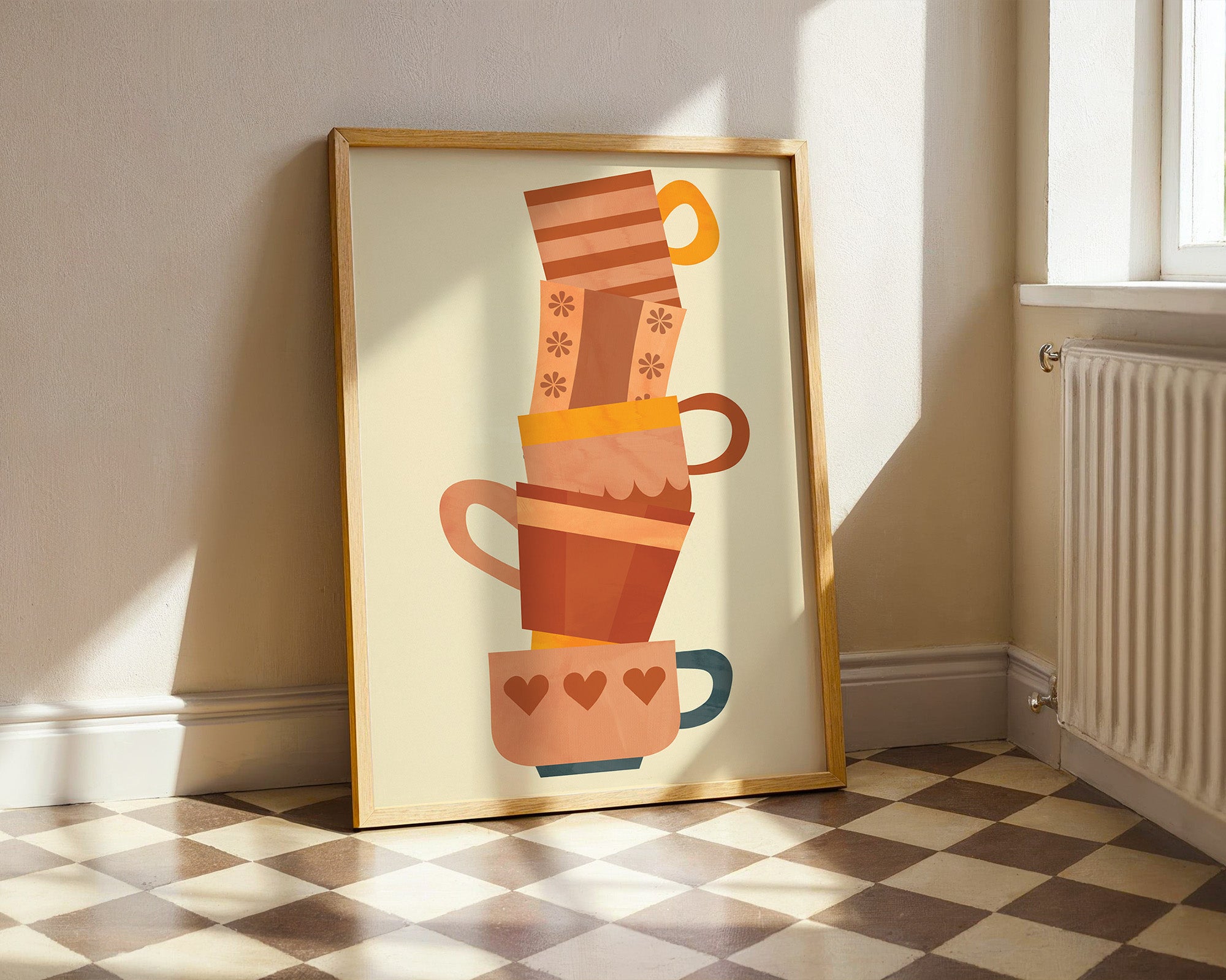 Stacked Coffee Cups Poster — Retro Kitchen Wall Art, Warm Ceramic Mug Illustration