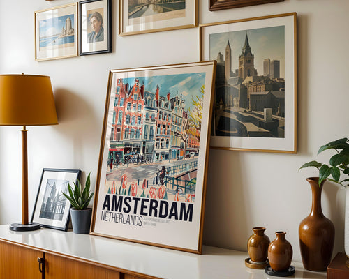 Amsterdam, Nederland - Vintage reisposter - Vintage stadsgezicht muurdecoratie