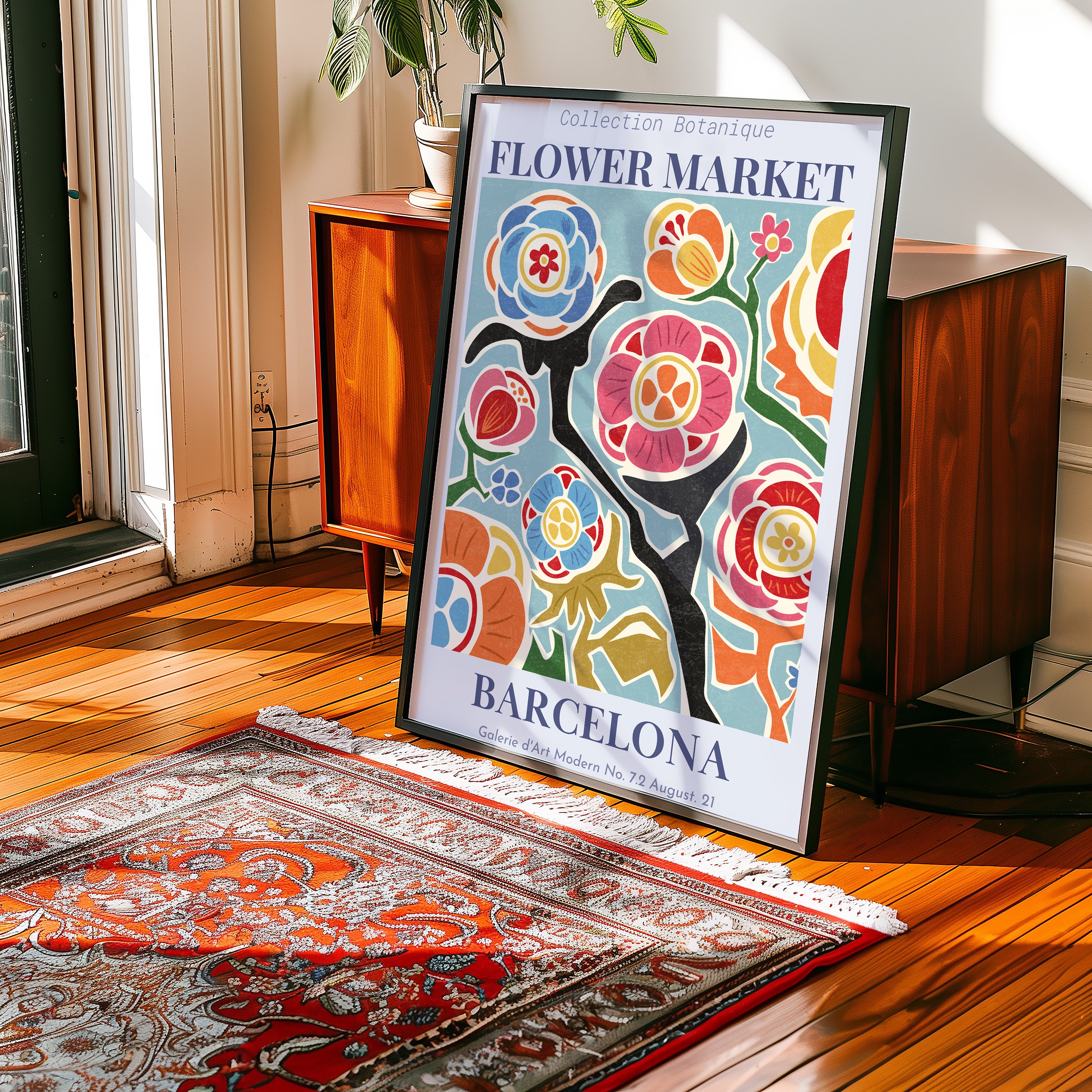 Ingelijste poster van de bloemenmarkt in Barcelona — Kleurrijke botanische muurdecoratie