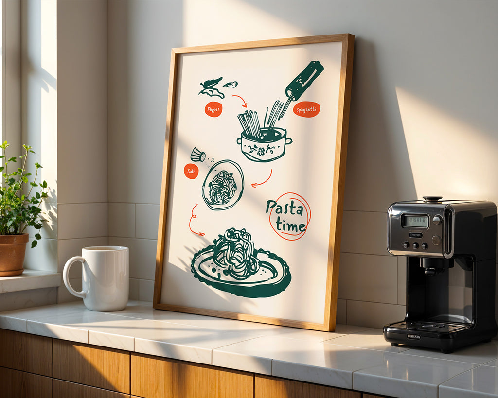 Pasta Time Poster — Illustrated Recipe Kitchen Art with Wooden Frame