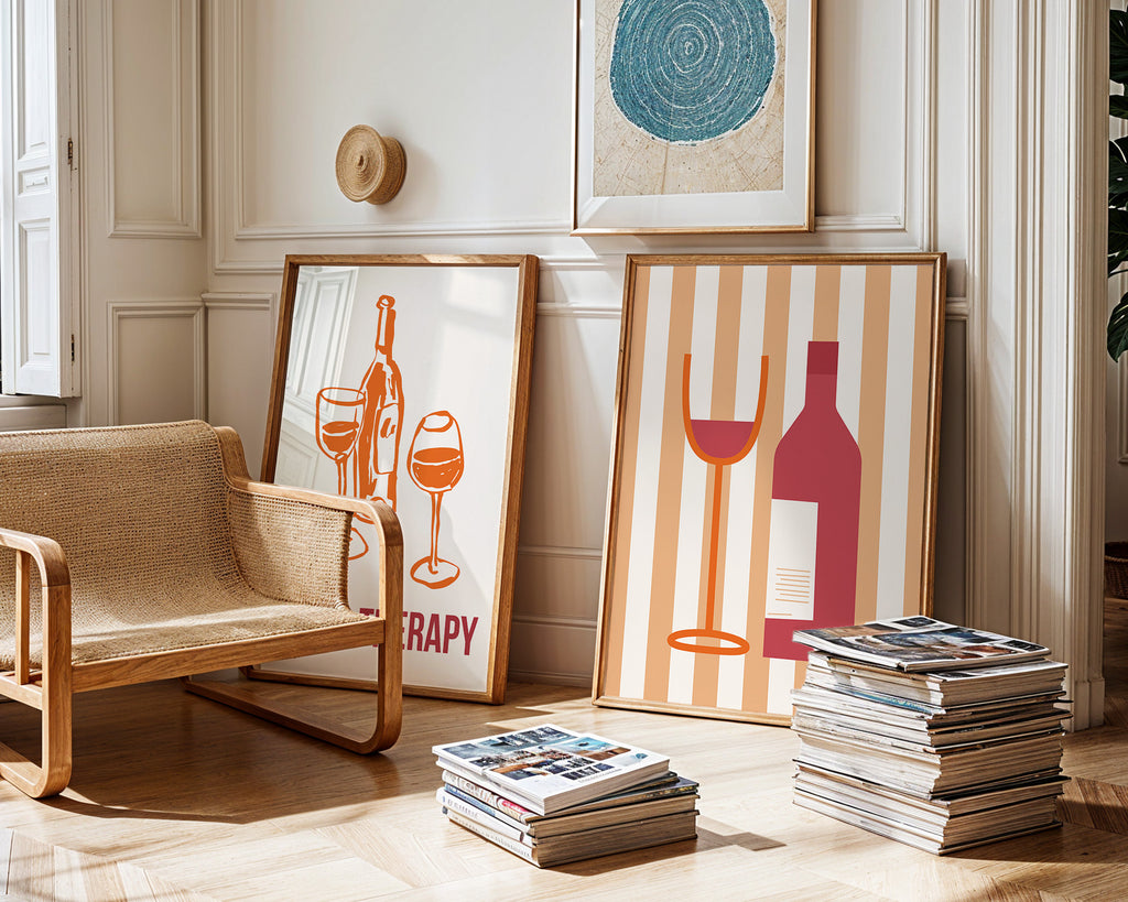 Wine Bottle & Glass Poster — Minimalist Retro Kitchen Wall Art