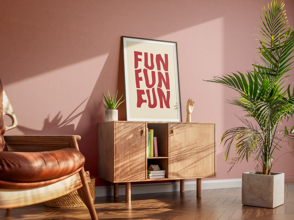 Fun Fun Fun Poster — Bold Red Typography Wall Art for Playful Home Decor