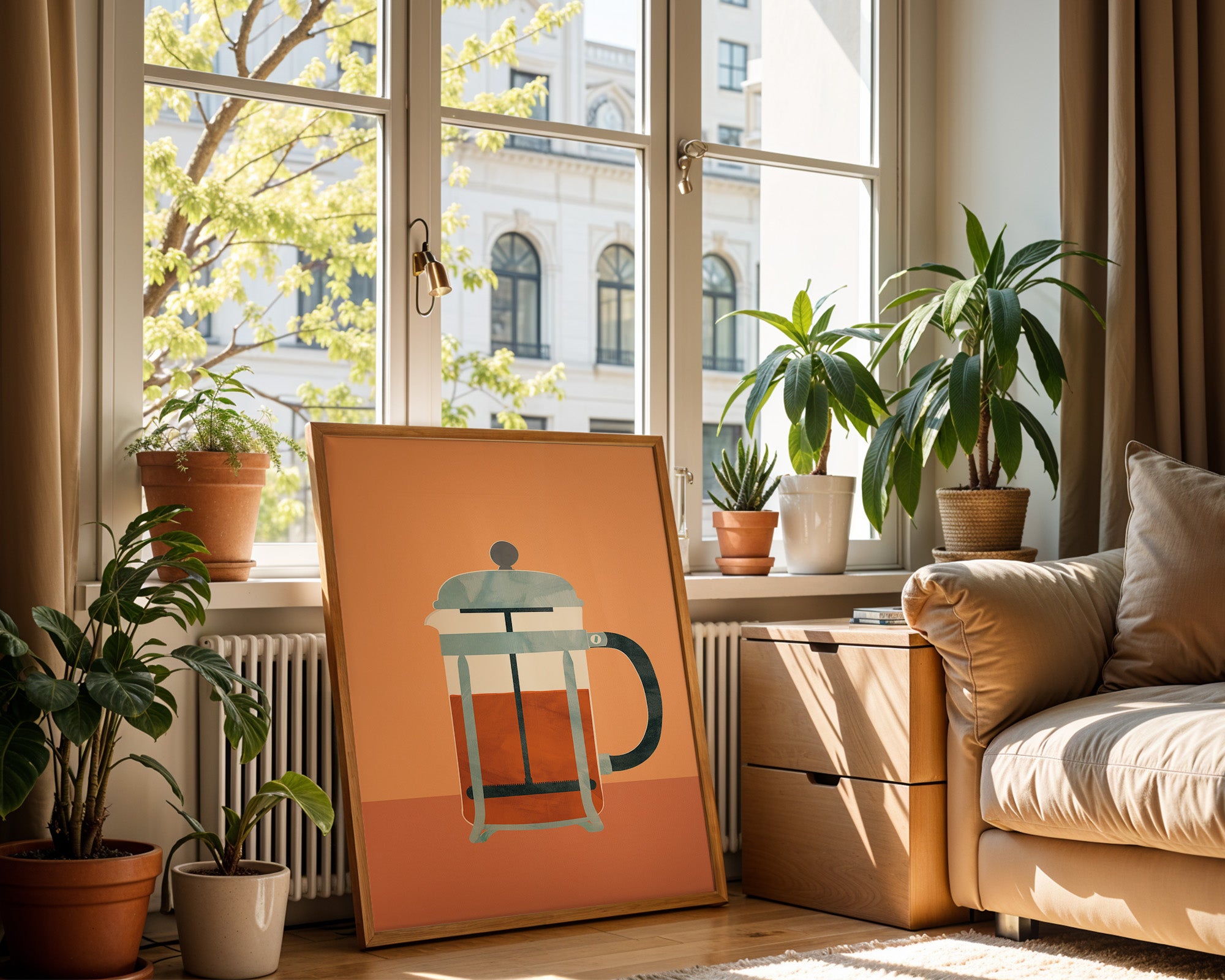 French Press Coffee Poster with Wooden Frame — Modern Kitchen Wall Art