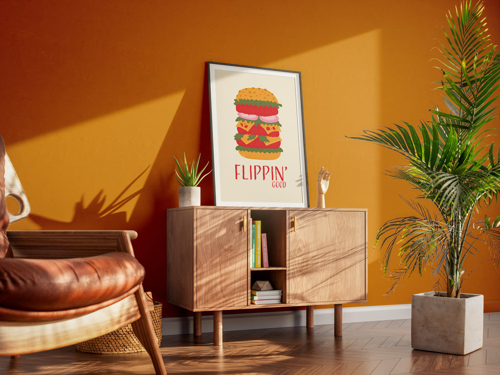 Flippin' Good Burger Poster — Retro Food Art Print for Kitchen or Cafe Decor