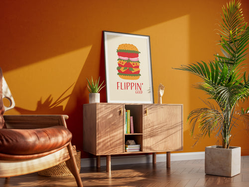 Flippin' Good Burger Poster — Retro Food Art Print for Kitchen or Cafe Decor