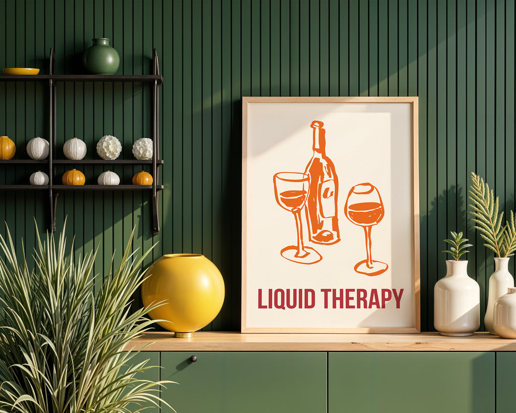 Liquid Therapy Poster — Wine Bottle & Glasses Wall Art for Kitchen, Bar, or Dining Room