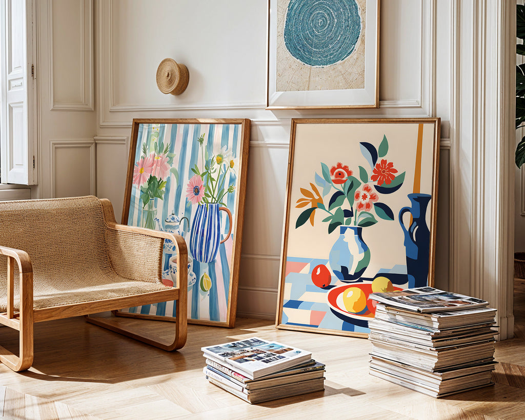 Still Life Floral Poster — Colorful Vase & Fruit Wall Art