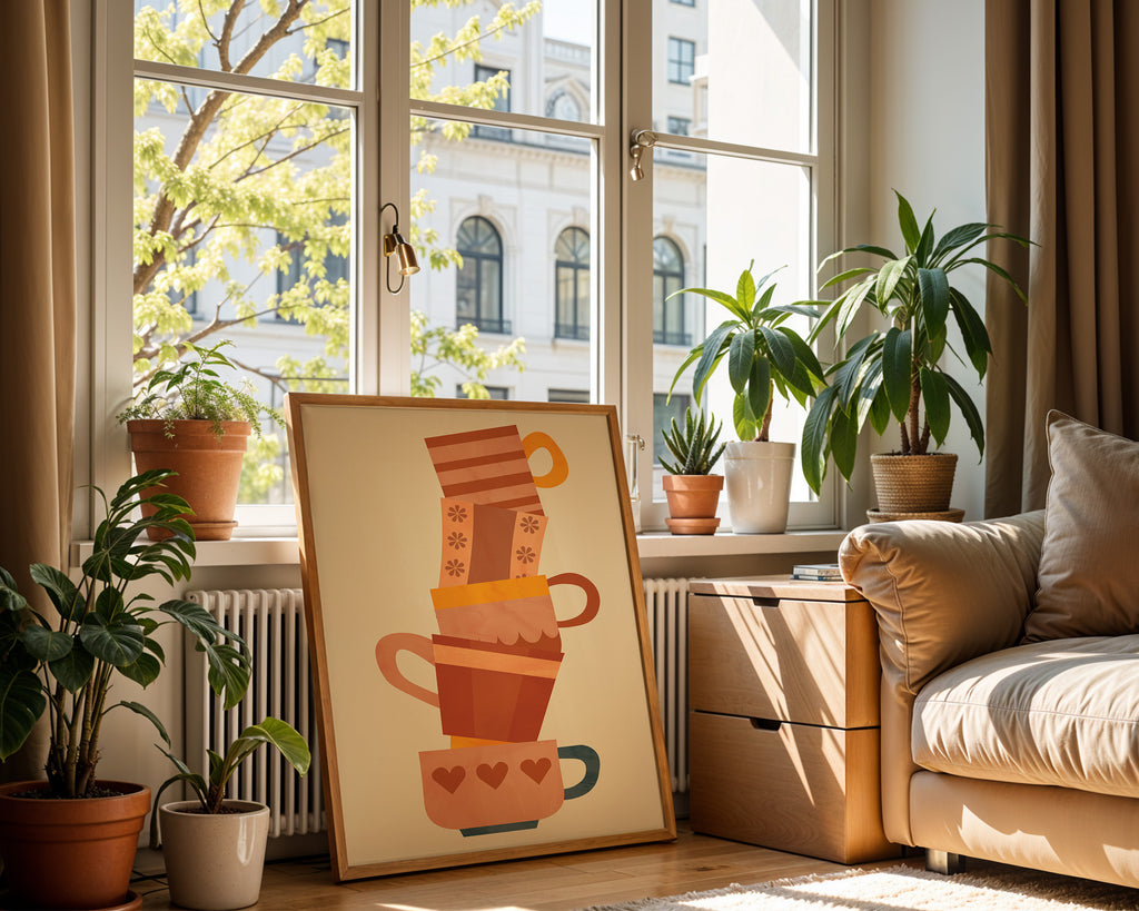 Stacked Coffee Cups Poster with Wooden Frame — Cozy Kitchen Wall Art