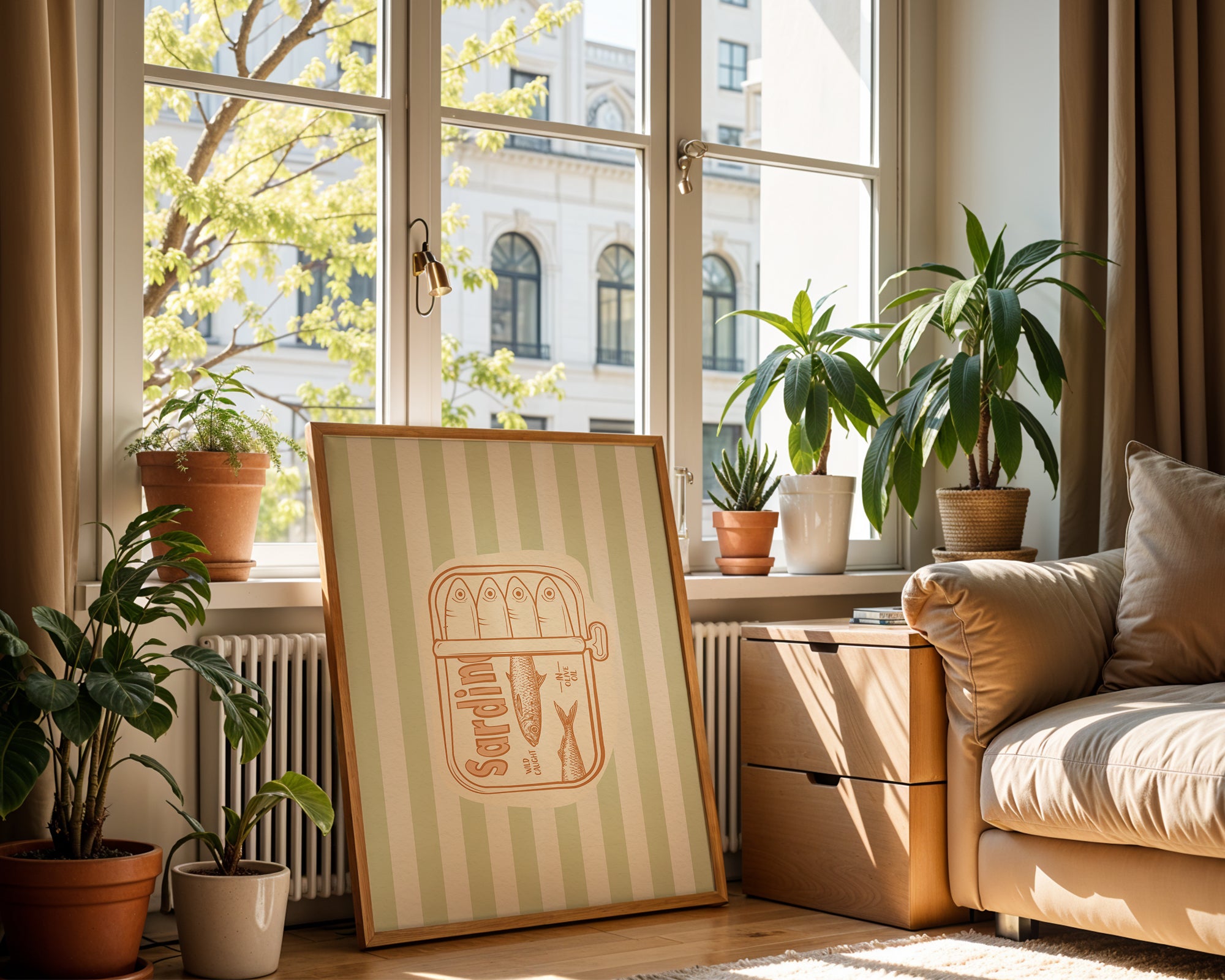 Sardines Retro Kitchen Poster with Wooden Frame — Vintage Seafood Wall Art