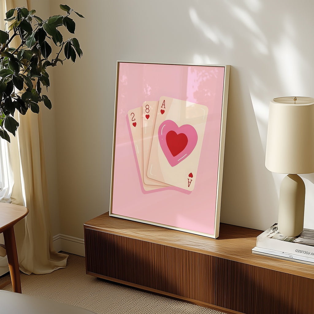 Pink Heart Playing Cards Poster — Cute Valentine Card Art Print