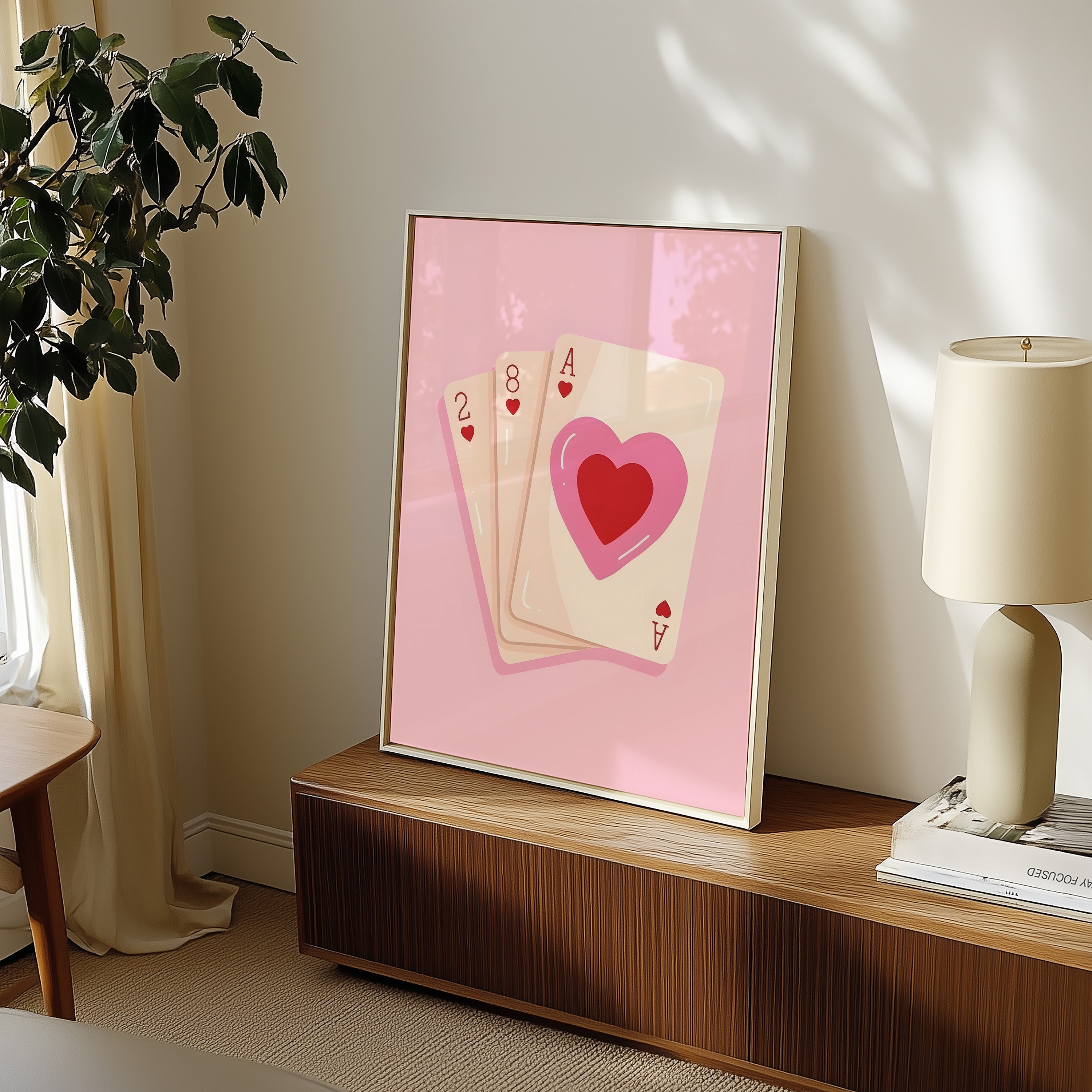 Pink Heart Playing Cards Poster — Cute Valentine Card Art Print