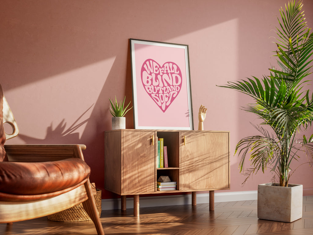 Retro Pink Heart Poster — "We Fall Blind But Land Soft" Inspirational Wall Art