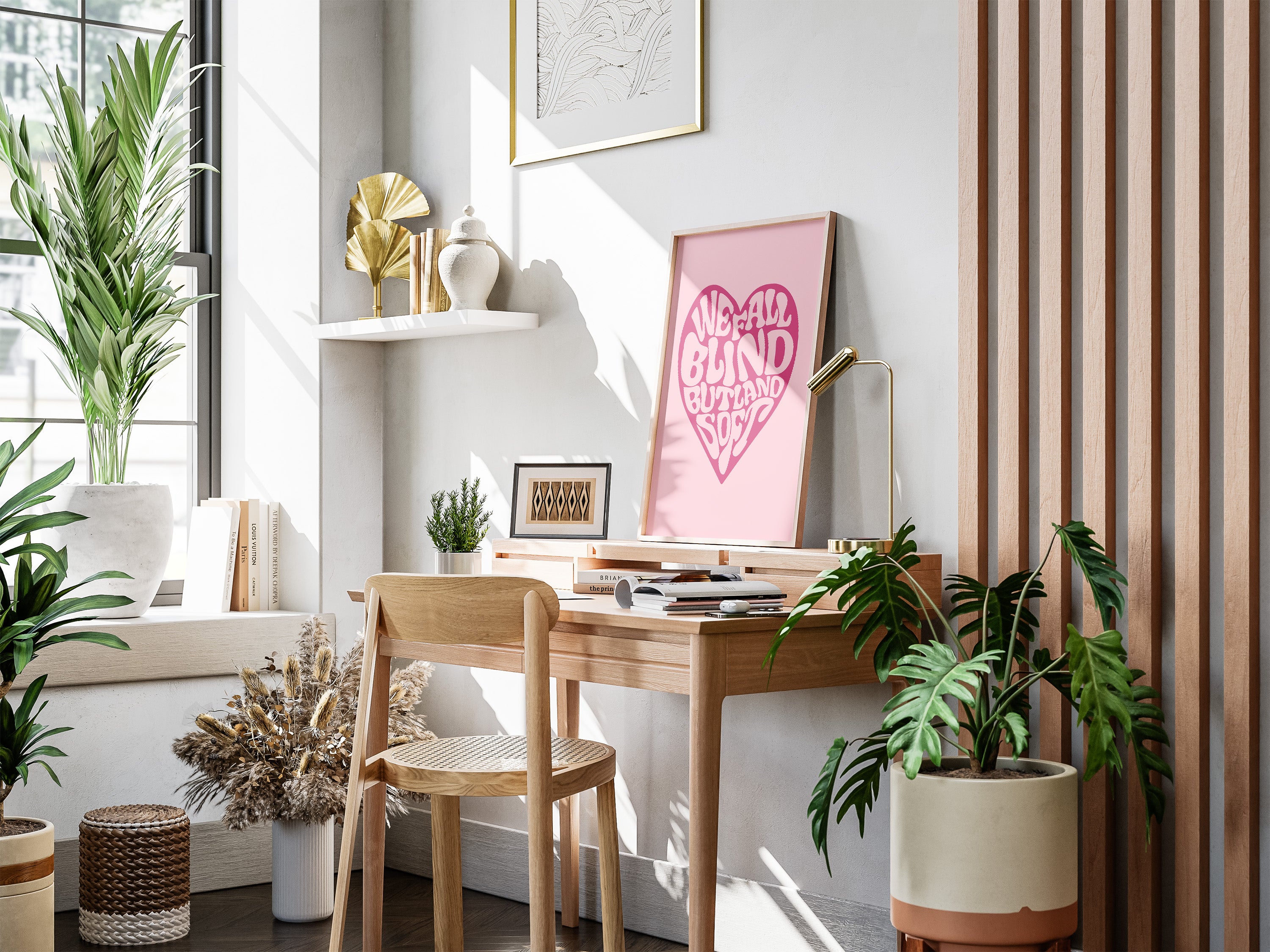 Retro Pink Heart Poster — "We Fall Blind But Land Soft" Inspirational Wall Art