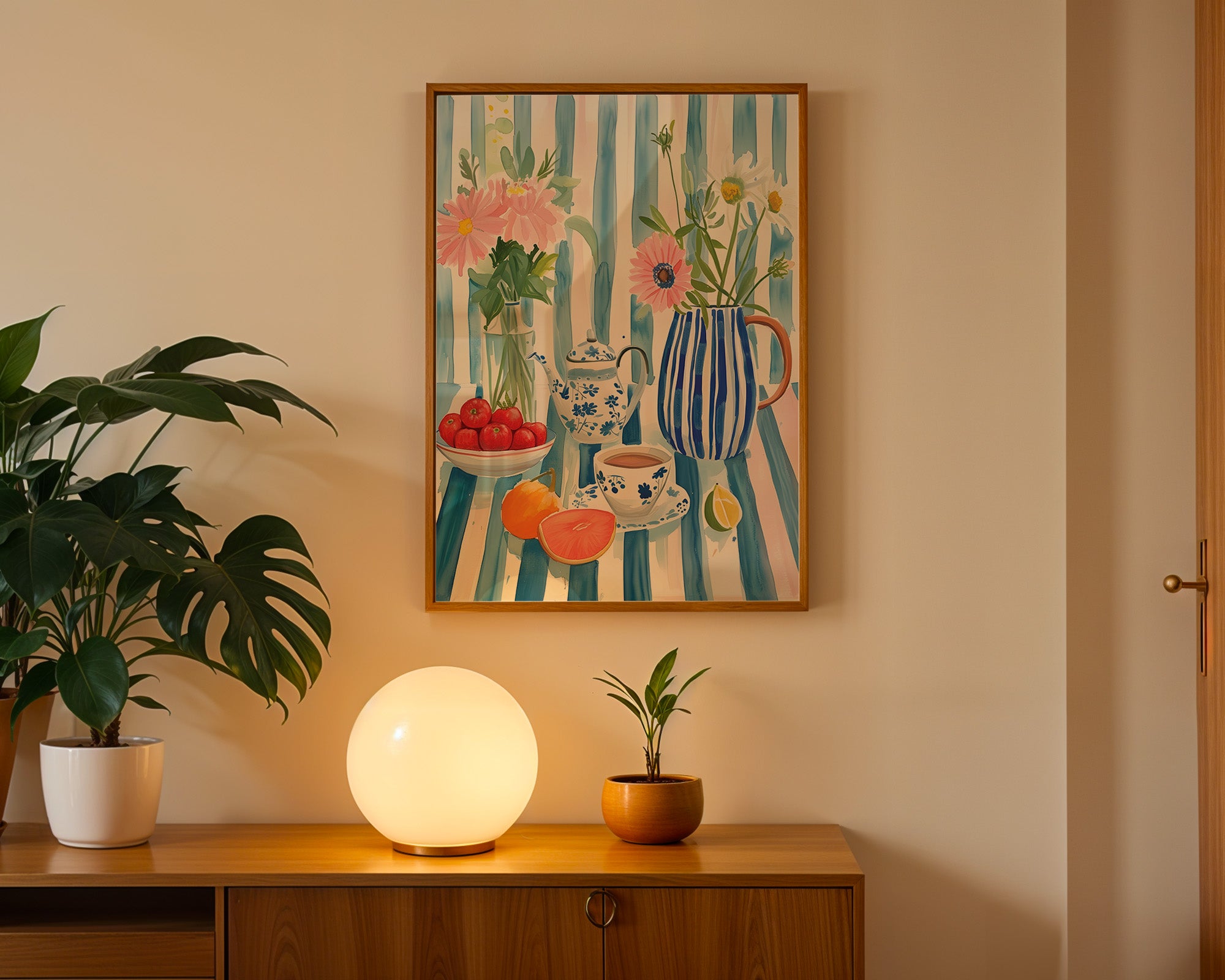 Still Life Floral Poster — Striped Blue Kitchen Art Print