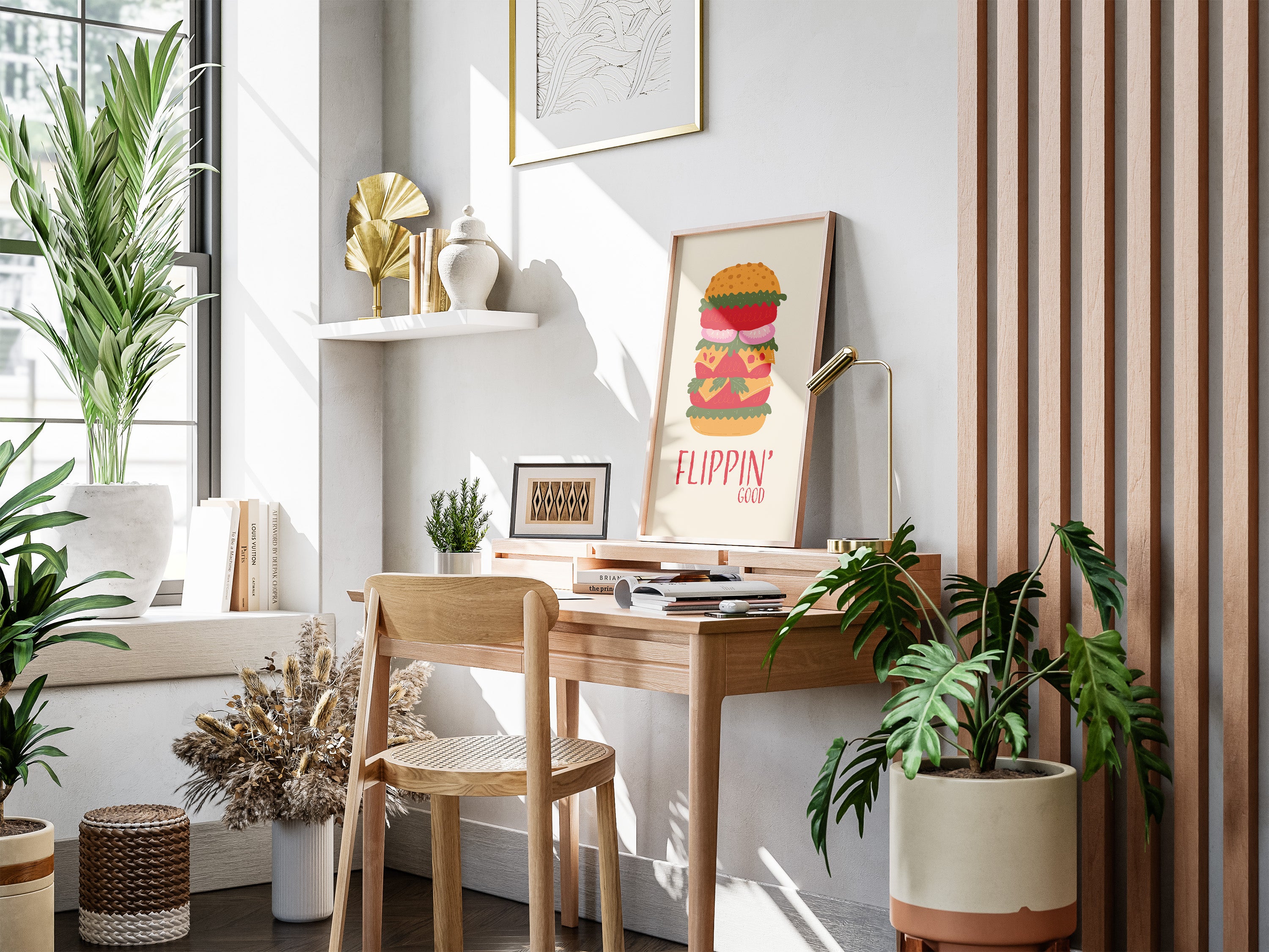 Flippin' Good Burger Poster — Retro Food Art Print for Kitchen or Cafe Decor