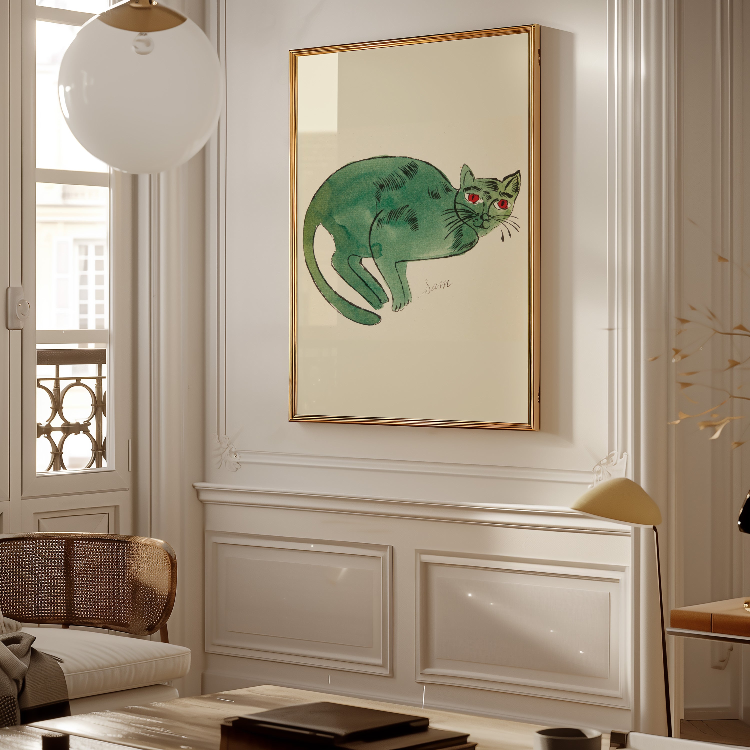 Groene aquarel kattenkunstprint — Ingelijste poster voor kattenliefhebbers, speelse decoratie voor de kinderkamer en woonkamer.