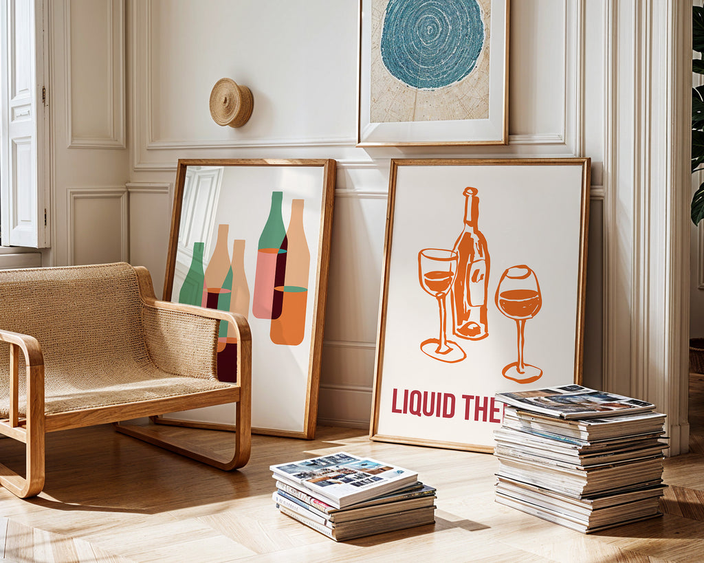 Liquid Therapy Poster — Wine Bottle & Glasses Wall Art for Kitchen, Bar, or Dining Room