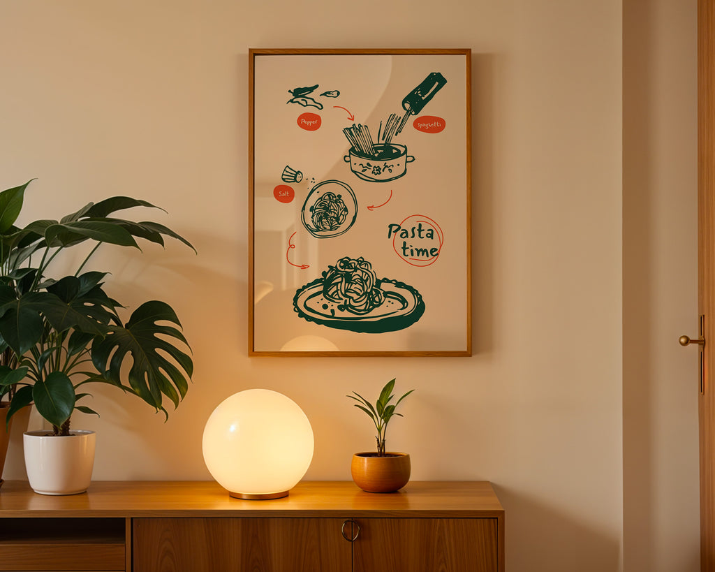 Pasta Time Poster — Illustrated Recipe Kitchen Art with Wooden Frame
