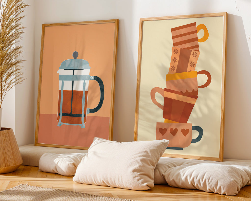 Stacked Coffee Cups Poster with Wooden Frame — Cozy Kitchen Wall Art