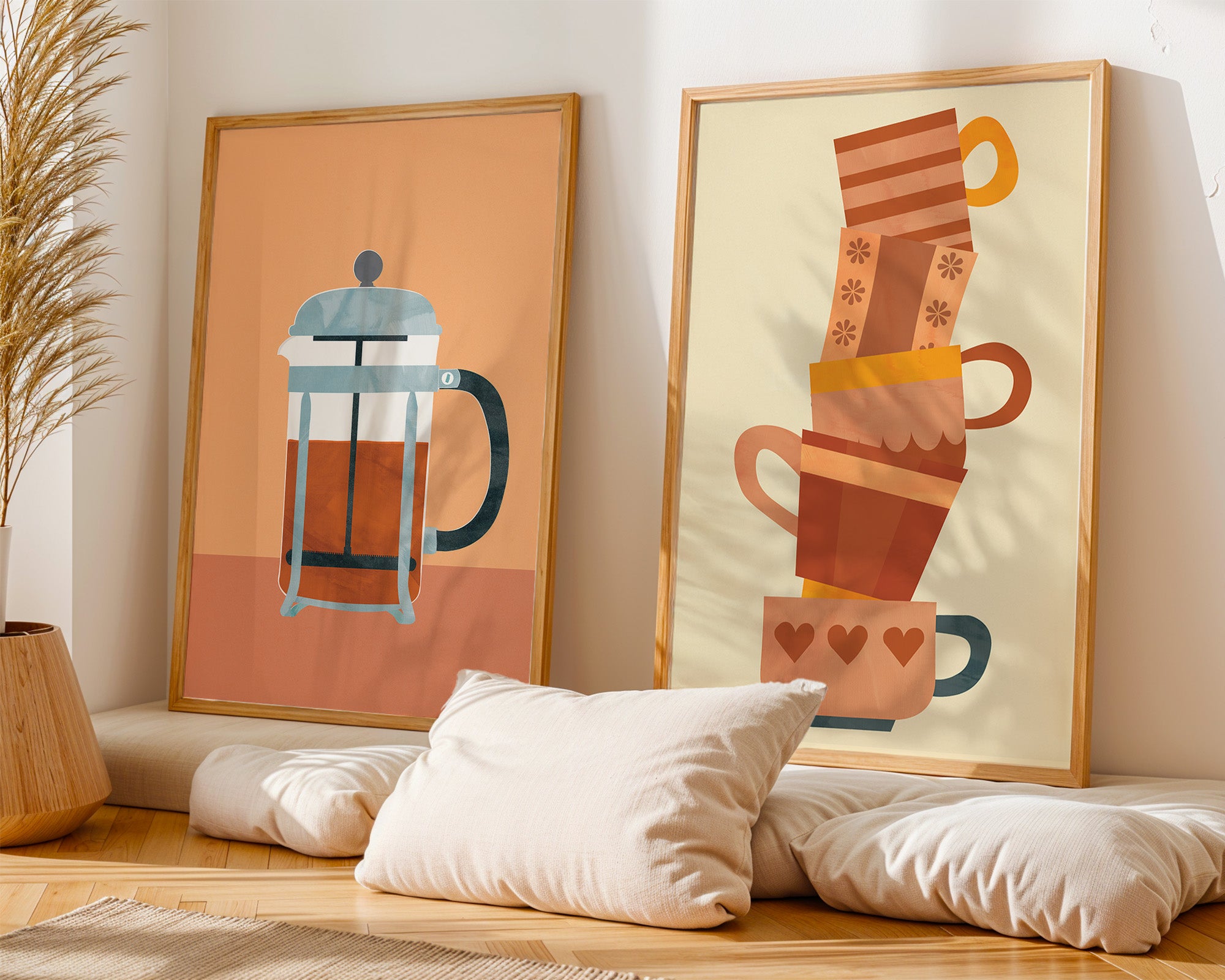 Stacked Coffee Cups Poster with Wooden Frame — Cozy Kitchen Wall Art