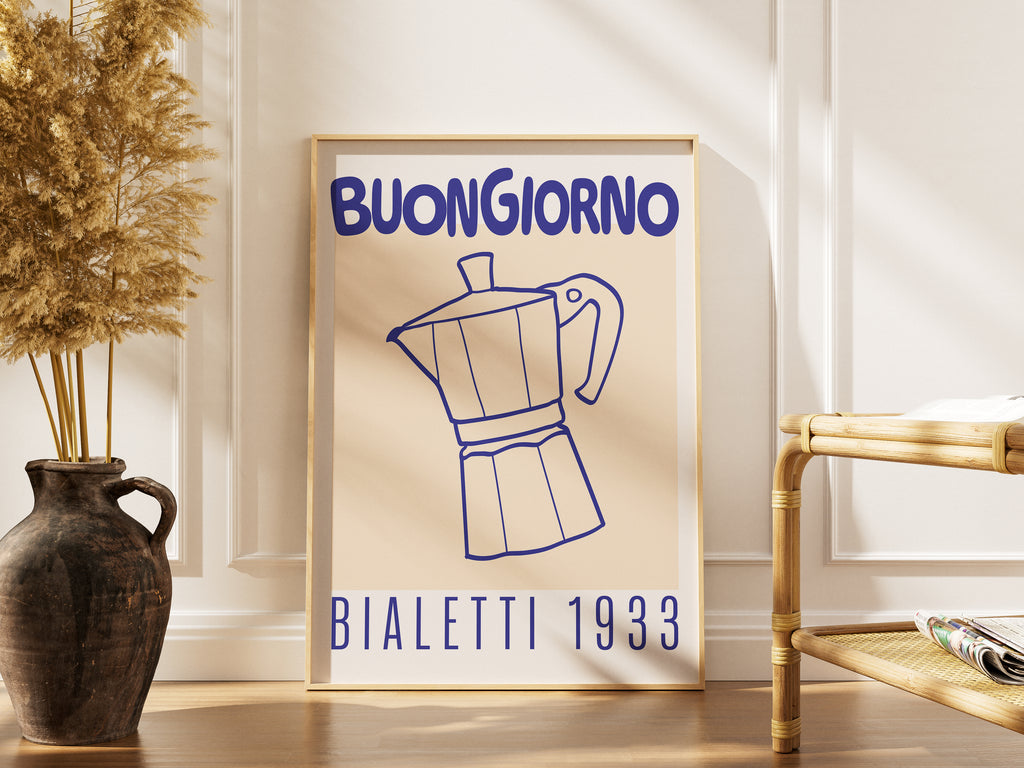 Buongiorno Bialetti 1933 Coffee Poster — Framed Italian Moka Pot Wall Art