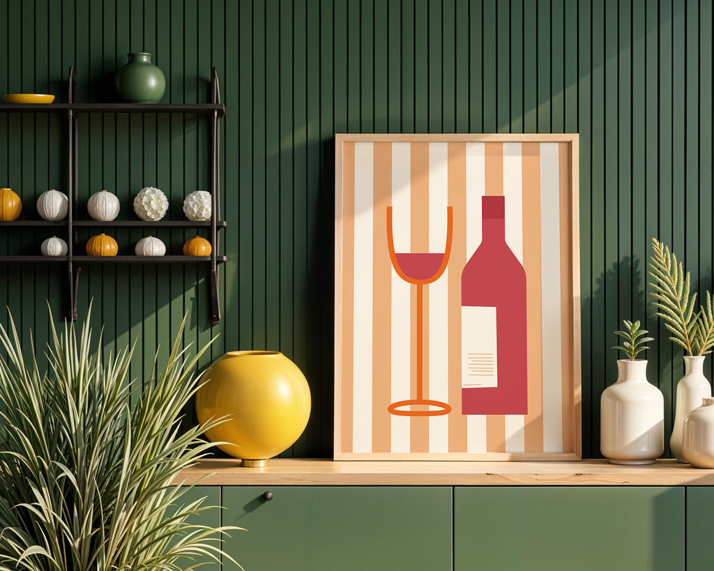 Wine Bottle & Glass Poster — Minimalist Retro Kitchen Wall Art
